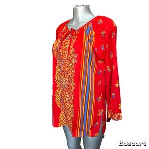 Handmade 70’s Bohemian Red Long-Sleeve Tunic Blouse Top Floral Eclectic Sz Large